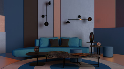 Colorful living room, lounge with blue sofa, coffee table and decors, plaster colored panels, round carpet, wall lamps, background with copy space, expo interior design concept idea