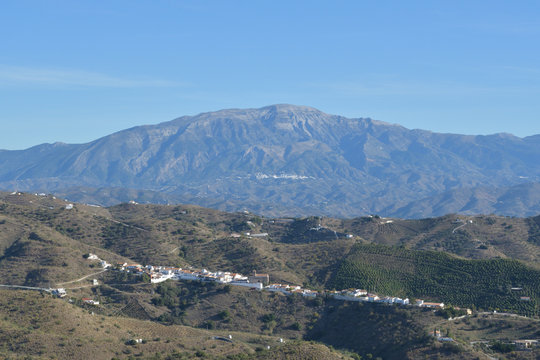 Landscape of Benaque and mountains a sunny day, native town of the Spanish poet, Salvador Rueda