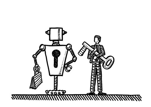 Drawn Robot With Keyhole Next To Man Holding Key