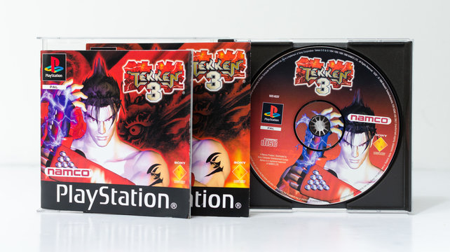 london, england, 07/05/2018 An original sony playstation tekken 3 namco arcade video game . PS1 retro video game console. sony software and famous games.