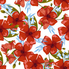  seamless pattern simple  red poppies. Scattered red flowers  vector pattern background