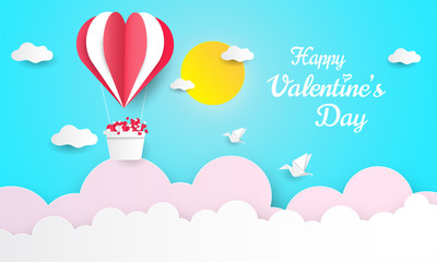 Valentines day card with air balloon, floating heart in paper cut style.