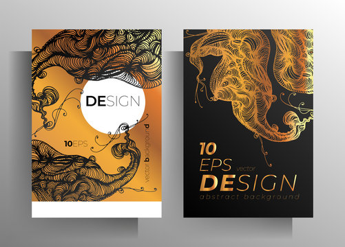 Set of poster, cover templates for book, magazine, booklet, catalog. Modern black and gold design with hand-drawn graphic elements. EPS 10 vector.