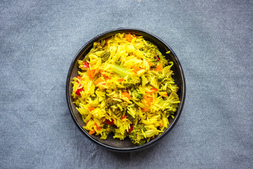 Indian basmati rice. Colorful biriyani with vegetables. Vegan healthy diet food