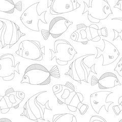 Seamless pattern with black and white tropical fish. Exotic fish. Coloring book page for adult and cids. Monochrome hand drawn line work vector illustration. Suitable for wrapping paper and clothing