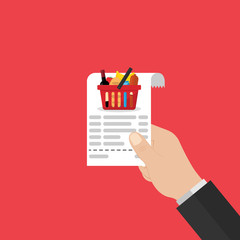 hand holds a check from the supermarket.basket with a set of products. a bottle of wine, a loaf of bread, a packet of milk, a bunch of bananas, sausage and tomato.