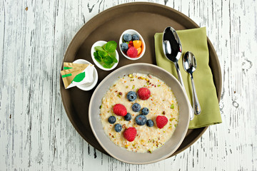 Muesli for breakfast with slices of fruit