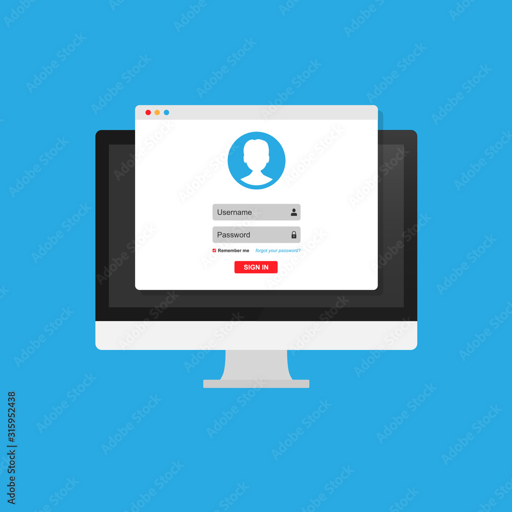 Poster online registration form. login form, login page, opened in a web browser window on the monitor scre