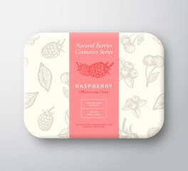 Raspberry Bath Cosmetics Package Box. Abstract Vector Wrapped Paper Container with Label Cover. Packaging Design. Modern Typography and Hand Drawn Berries Background Pattern Layout.