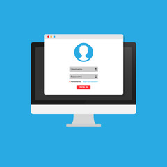 Online registration form. Login form, login page, opened in a web browser window on the monitor screen.