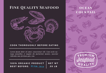 Premium Quality Seafood Cocktail Abstract Vector Packaging Design or Label. Modern Typography and Hand Drawn Sketch Seamless Pattern Background Layout of Prawns, Scallops, Squids and Crabs