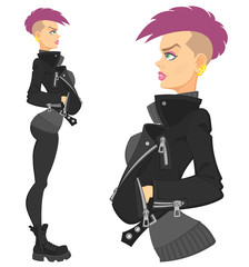 Cool punk girl. Sexy young woman in a black leather jacket and army boots. Profile view, full length. A set of images. Flat design.