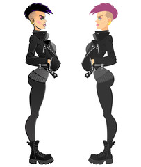 Cool punk girl. Sexy young woman in a black leather jacket and army boots. Profile view, full length. Set of styles: comic book and flat design.