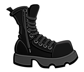 Black army boots, construction shoes. With untied shoelaces. Brown color. Cartoon style.