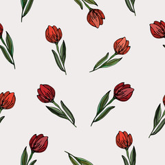 Beautiful red tulips  with leaves on light gray-pink background. Seamless floral summer pattern. Suitable for packaging ,wallpaper, textile.