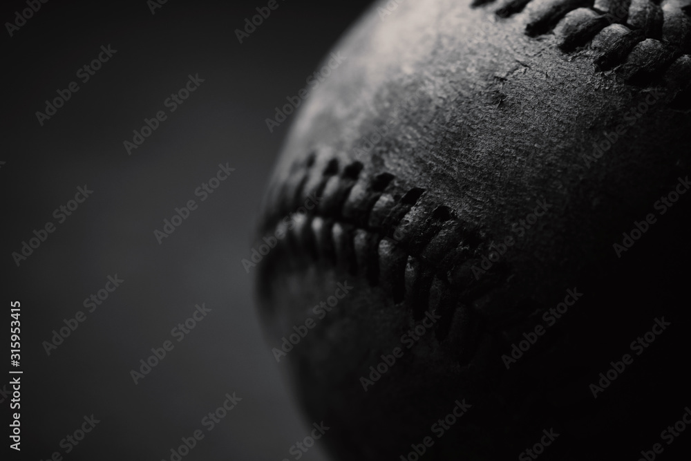 Sticker macro close up of old baseball ball used from sports game in black and white. - Stickers