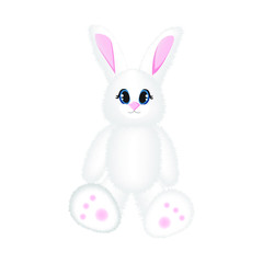 White hairy rabbit with pink ears. A soft toy. To decorate Easter, birthday cards, book pages, etc.
