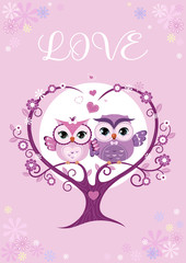 Owls couple in love sitting on a tree branch. Template for poster, card, your design. Vector.
