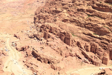 Panorama of ancient city of Petra with Royal Tombs seen from High place of sacrifice in Jordan
