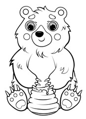 Coloring page outline of cartoon bear with honey. Vector image isolated on white background. Coloring book of forest wild animals for kids