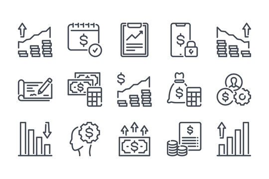 Money, Finance and Business investment related line icon set.  Payment and accounting report calculation linear icons. Investment and trading on the stock exchange outline vector sign collection.