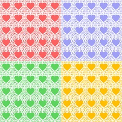 Set of multicolored seamless textures. Romantic background for Valentines Day's or wedding cards. Repeating paterns for wallpaper design, textile, wrapping paper. Vector illustration. 