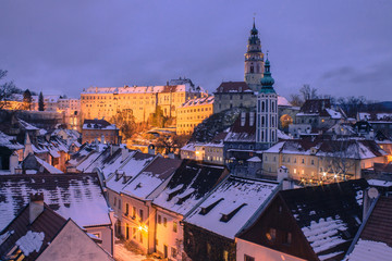 Fototapeta premium winter panoramic view of famous old medieval town Cesky Krumlov at night
