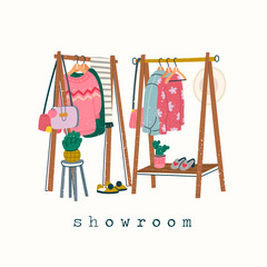 Wardrobe. Showroom concept. Clothing racks. Various clothes on hangers. Boots, coat, shoe boxes, bag, hat, jacket, sweater. Hand drawn trendy colored vector illustration. Stamp texture