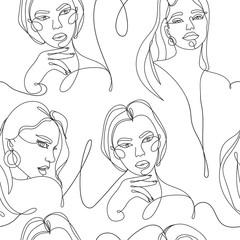 Modern abstract faces. Contemporary outline female silhouettes. Hand drawn outline trendy vector illustration. Continuous line, minimalistic concept. Seamless pattern