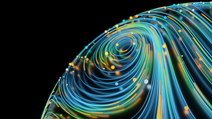 Neon glowing twisted cosmic lines on the surface of the planet. Beautiful swirls, bright turbulence curls reflected on the sphere. Fluid and smooth astronomy vortex structure. 3d rendering Abstract