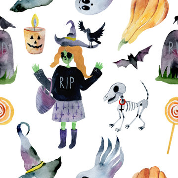 Pumpkin, ghost, bat, candy, and other items on Halloween theme. Bright cartoon pattern for Halloween