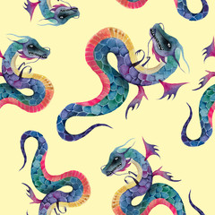 Beautiful vintage ink chinese dragon in chinoiserie style for fabric or interior design with pearl. Hand drawn  illustration. Seamless pattern. Neon colors.