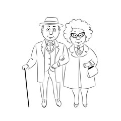 Happy grandparents character design.Fashionably dressed older man and older woman together.Vector illustration,linear silhouette on a white background.