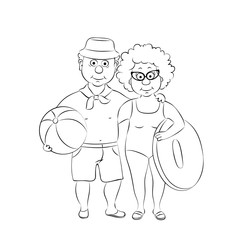 Elderly couple of tourists on the beach.Grandmother with a lifebuoy and grandfather with a ball.Vector illustration,linear silhouette on a white background.