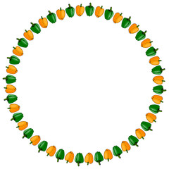 Round frame of green and orange peppers on white background. Isolated frame for your design.