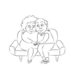 Elderly couple sitting in an embrace on the couch.Happy old man and old woman together.Vector illustration,linear silhouette on a white background.