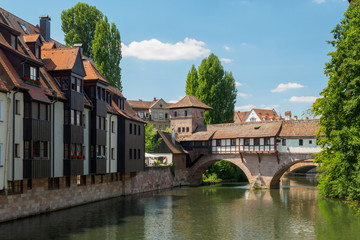 Fototapeta na wymiar The riverside of Pegnitz river in Nuremberg town, Germany