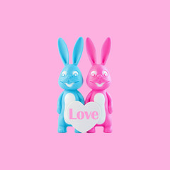 Valentine's day card, cute bunnies happy lovers couple with white heart on trendy pink background. Family love, dating concept.Easter banner. Purple and blue rabbits.Creative minimal style,copy space