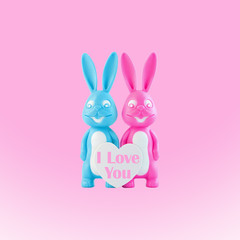 Valentine's day card, cute bunnies happy lovers couple with white heart on trendy pink background. Family love, dating concept.Easter banner. Purple and blue rabbits.Creative minimal style,copy space