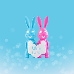 Fototapeta premium Valentine's day card, cute bunnies happy lovers couple with white heart on blue bokeh background. Family love and dating concept.Easter banner. Pink and blue rabbits.Creative minimal style,copy space