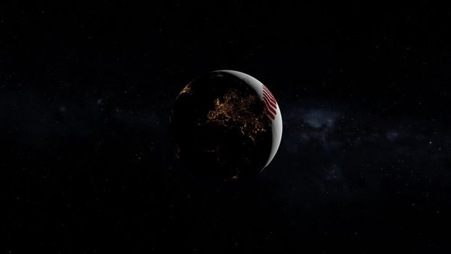 Baseball world concept. Space view intro background with white ball rotating in space, milky way stars in background. Contains item furnished by Nasa