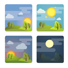 Set of square four times of day icons: morning, day, evening, night. Stock vector illustration. Isolated on white background.