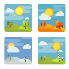 Set of square four season icons: summer, winter, spring, autumn. Stock vector illustration. Isolated on white background.