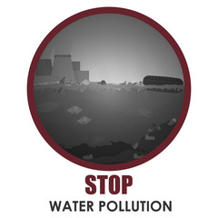 Stop water pollution round banner. Stock vector illustration in red round frame with text. Different garbage and slime in the water. Environment protection concept. Trash emission and water pollution.