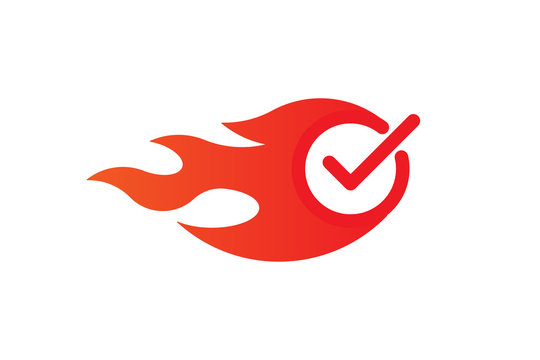 Chek, ok, yes icon approved. Red mark icon with fire on white background. Flat vector illustration EPS10