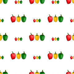 Seamless pattern of red, yellow and green peppers on white background. Endless background for your design.