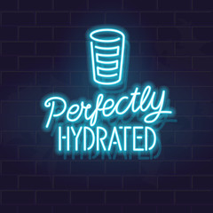 Neon perfectly hydrated handwritten lettering. Glowing vector typography and water silhouette. Fluorescent letters on dark brick wall background.