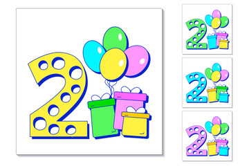 2nd year anniversary celebration card. Greeting card with number 2, colorful balloons and gifts. Set of different color cards for little boy or girl