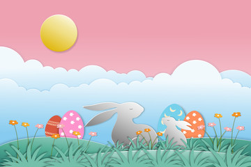 Fototapeta na wymiar Happy Easter card with bunny,colourful easter eggs, sun, clouds on pink sky background. Vector illustration. Paper cut and craft style for easter day, Vector illustration.