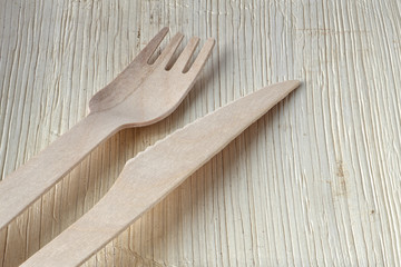Plastic-free, zero waste, environmentally friendly disposable cutlery made of wood. Wooden fork and...